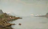 Olaf Jonas Grafstrom, Indian camp with figures in a boat on a lakeshore, 1893, oil on canvas