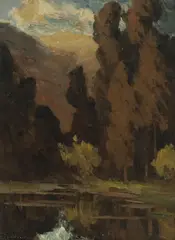 Trees along a reflecting pool by Giuseppe Cadenasso, oil on canvas board, offered Apr 2011