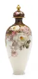 Franz Bischoff, Vase with cover with pink and white roses and scroll work, porcelain with raised enamel and gilt