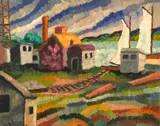 Otis Oldfield, Shacks and sailboats along the bay, oil on masonite
