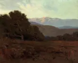 Shadowy hills with sunlit mountains in the distance by Elmer Wachtel, oil on canvas, offered Apr 2011