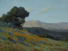 John Calvin Perry, California poppies and lupine on a hillside, oil on canvas
