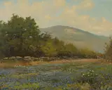 Robert Wood, Bluebonnets by a stone wall