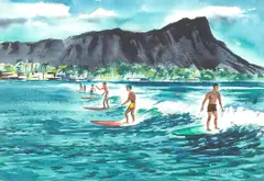 Wayne LaCom, Waikiki surfers, watercolor on paper