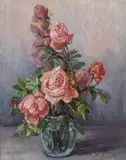 Mary Herrick Ross, Pink roses in a vase, oil on canvas