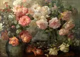 Franz Bischoff, Pink and white roses in vases on a table