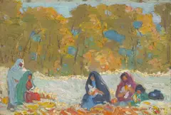 Pueblo women husking corn by Bert Geer Phillips, oil on board, sold Apr 2011