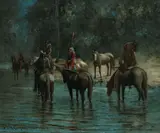 A. D. M. Cooper, Indians fording a stream at twilight, 1910, oil on canvas