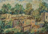 Alfred Gwynne Morang, Trees and adobes, 1947, oil on masonite