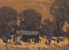 Russell Chatham, Cattle near the hayfield (Ranch), 1961; Cows grazing, 1961 (a pair)
