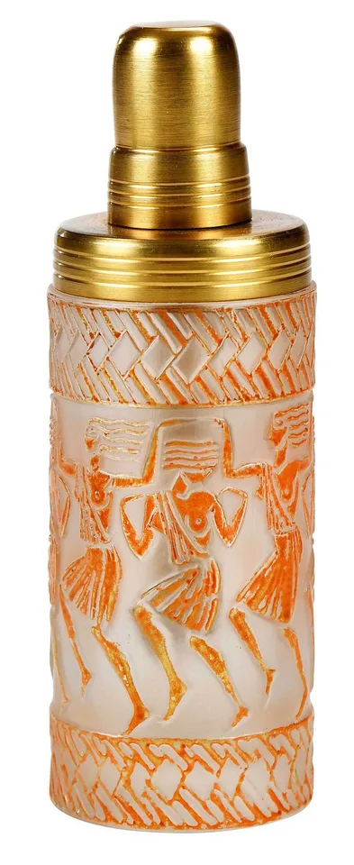 Lalique, "Danseuses Egyptiennes No. 1" Perfume Burner, 1926, low relief frieze of stylized Egyptian women dancing in profile done in orange enamel on frosted glass with gilt collar and lid