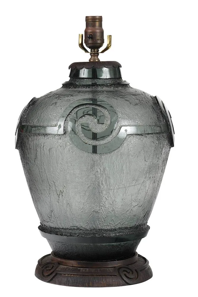 Daum Nancy, and Katona Art Deco Table Lamp, steel blue ovoid glass with deep acid etched scroll motif along the shoulder