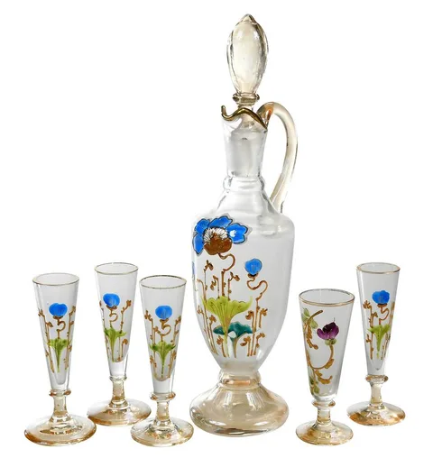 Enameled Glass Cordials Set by Mary Moser, sold Feb 2022