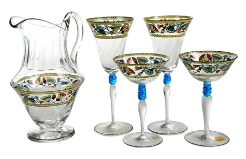 Mary Moser, Enameled Pitcher and Four Glasses