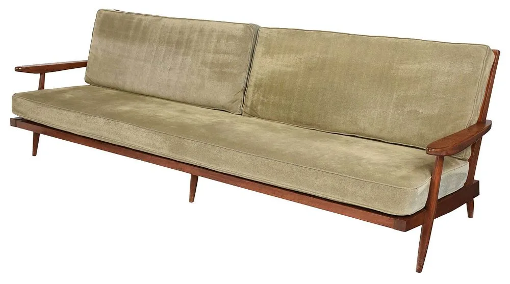 Large Walnut Open Arm Sofa by George Nakashima, circa 1959, sage green micro suede upholstery, sold Nov 2021