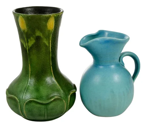 Grueby, Faience Pottery Vase, Van Briggle Pitcher, covered in matte green glaze