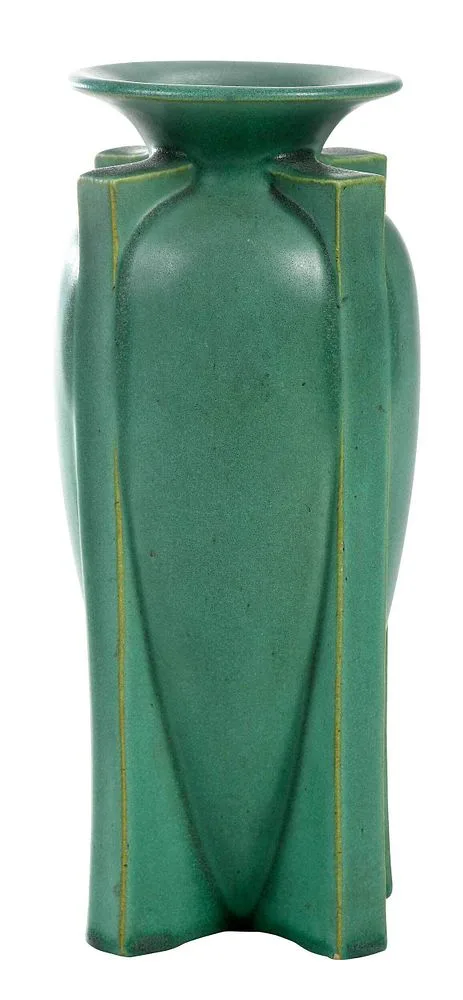 Teco, Art Pottery Buttressed Vase, covered in a matte green glaze