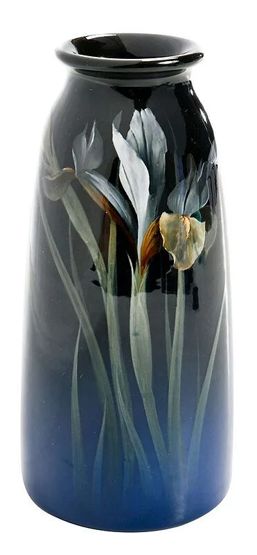 Carl Schmidt, Rookwood Blue Vase With Irises, circa 1909, iris glazed vase decorated with iris flowers on blue shaded ground