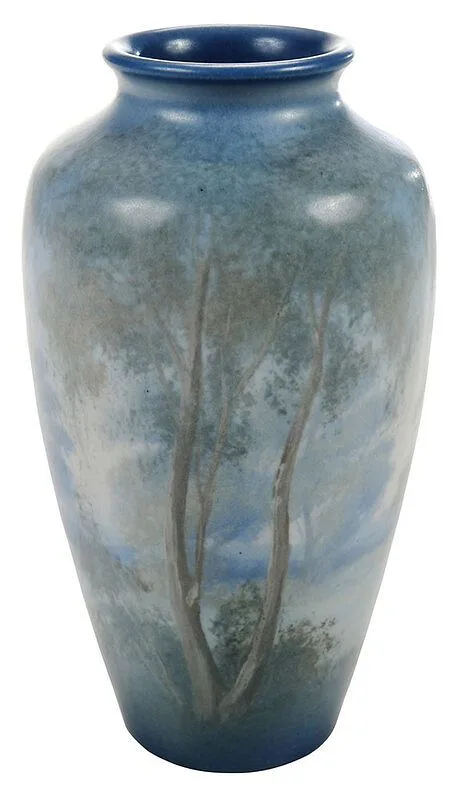 Rookwood Scenic Landscape Vase by Edward Diers, circa 1930, vellum waterside landscape, sold Feb 2021