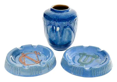 Newcomb Pottery, High Glaze Vase; Two Ashtrays, rare high glaze scenic