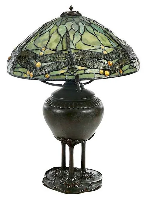 Tiffany Studios, Bronze Dragon Fly Table Lamp, Favrile glass shade with six dragonflys on a dichroic green background and yellow glass jewels impressed "Tiffany Studios/NY/1585"