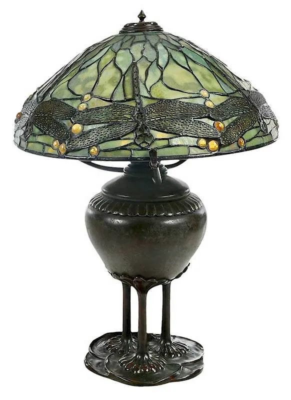 Bronze Dragon Fly Table Lamp by Tiffany Studios, Favrile glass shade with six dragonflys on a dichroic green background and yellow glass jewels impressed "Tiffany Studio, sold Feb 2020