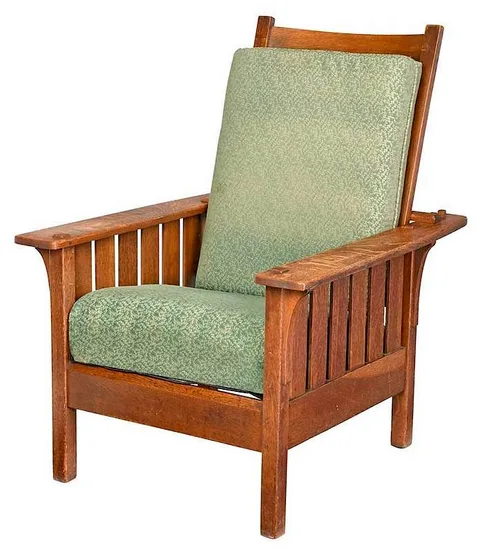 L. & J.G. Stickley, Morris Chair, oak with five slats under arms