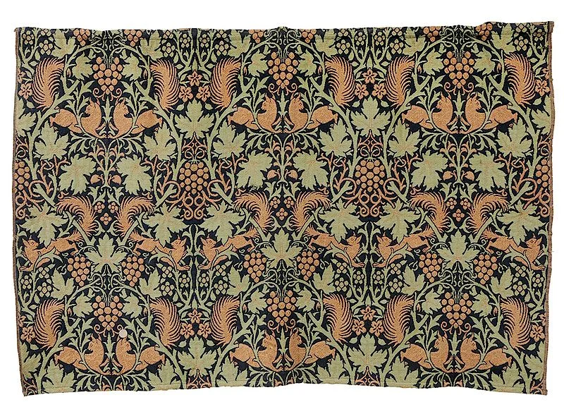 William Morris, Squirrel Textile Panel, 1860, woven wool pattern of double squirrels with flared tails on floral and grapevine ground
