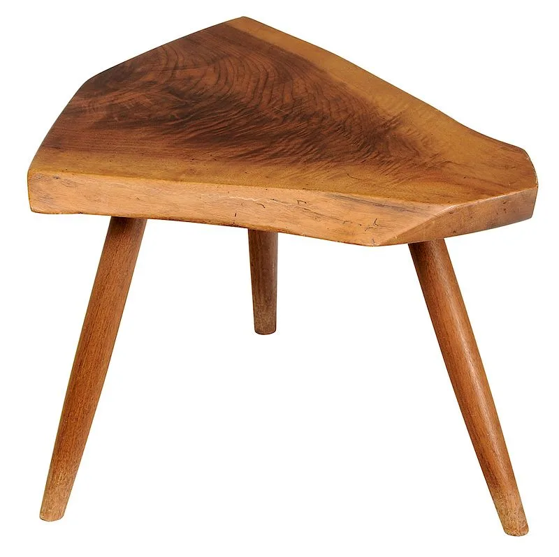 Figured Walnut Stool by George Nakashima, circa 1960s, figured walnut triangular top, sold Jul 2018