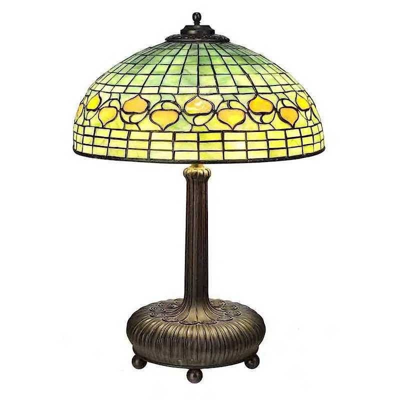 Acorn Table Lamp by Tiffany Studios, favrile glass dome shade of mottled green glass leaded with an acorn border, sold Sep 2017