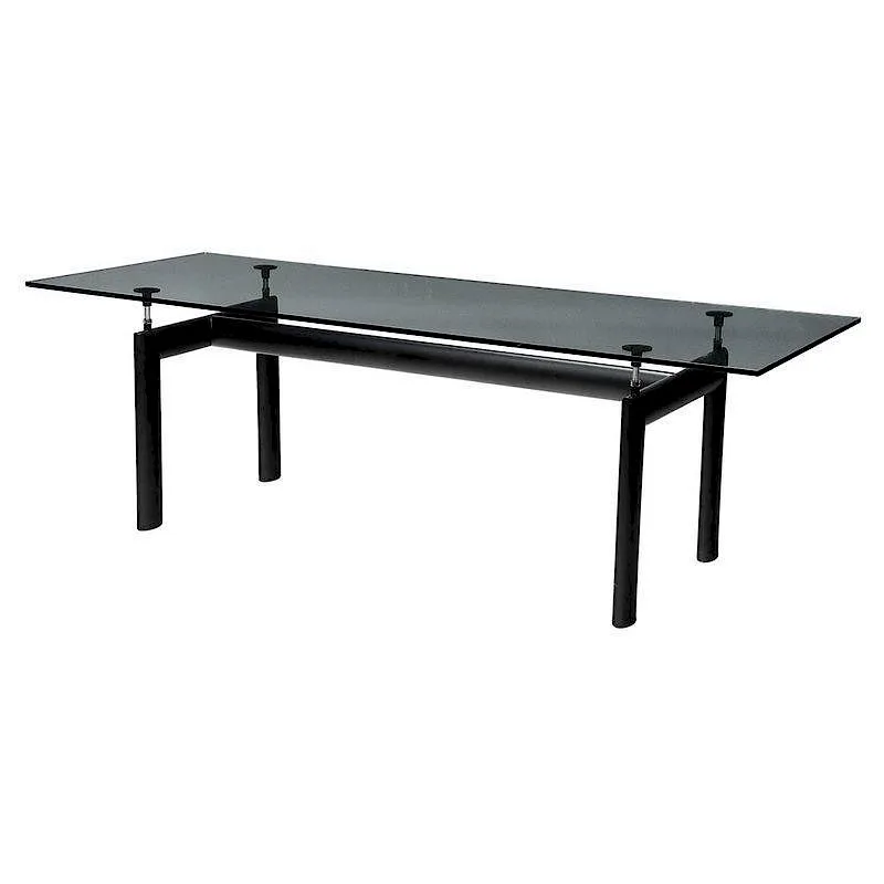 Designed LC-6 Table by Le Corbusier, 1928, features a clear glass top over a steel base, offered Jul 2017