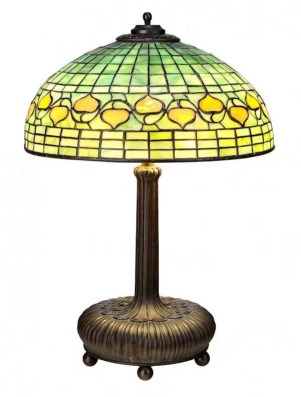 Acorn Table Lamp by Tiffany Studios, favrile glass dome shade of mottled green glass leaded with an acorn border, offered May 2017