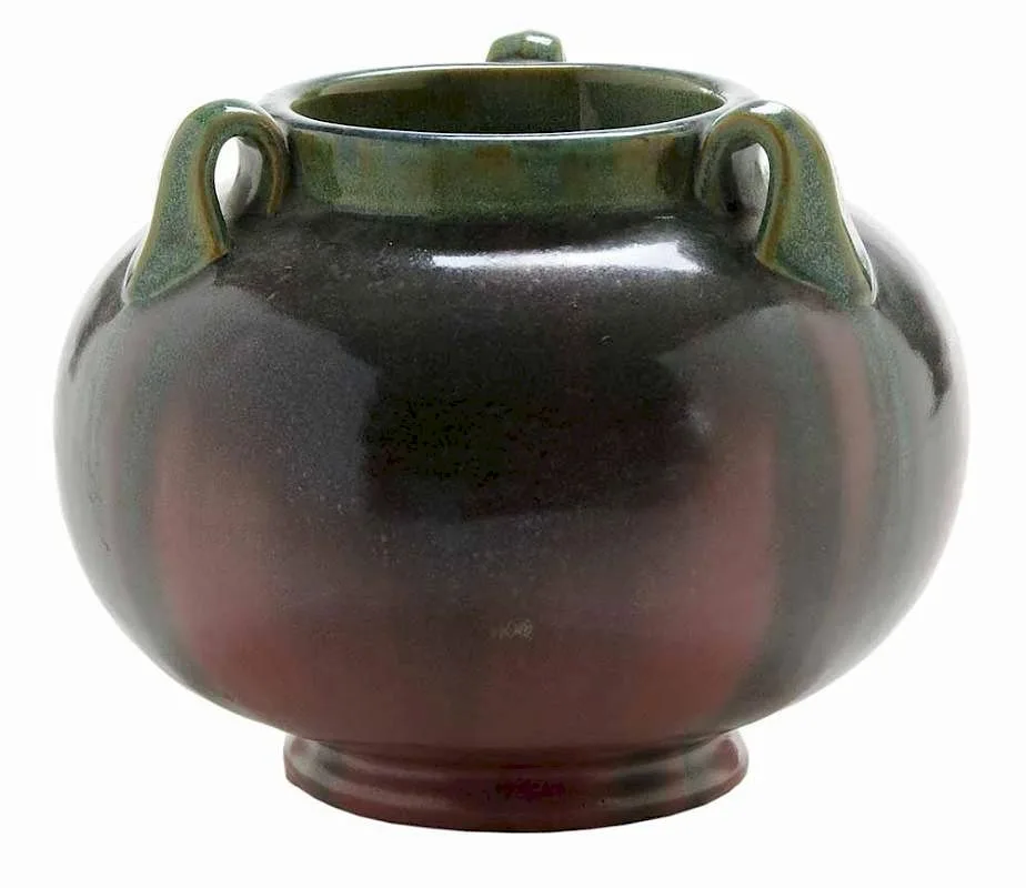 Pottery Vase with Three Handles by Fulper, bulbous form with rose and blue-green flambe glaze, sold Mar 2017