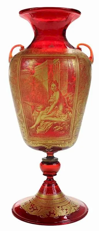 Ruby Gold Renaissance Scene Urn by Mary Moser, finely blown ruby glass urn with two loop handles, sold Jan 2017