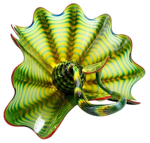Dale Chihuly, Untitled, glass in translucent blue and green stripes with red lip wrap
