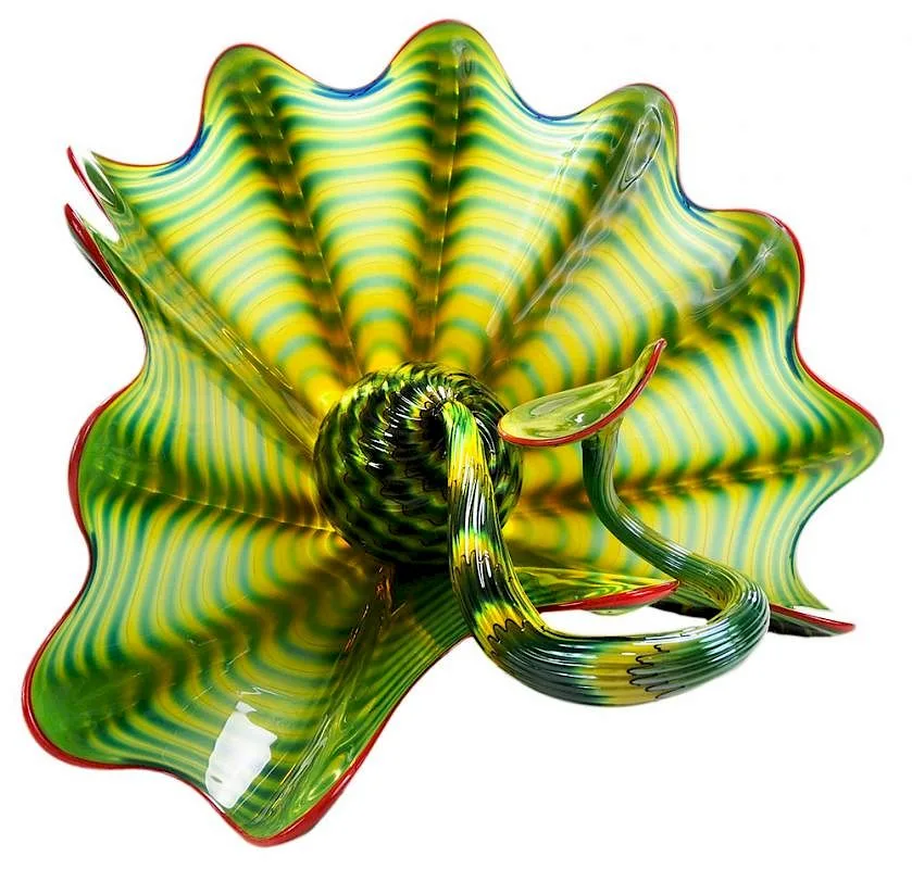 Untitled by Dale Chihuly, glass in translucent blue and green stripes with red lip wrap, sold Sep 2016