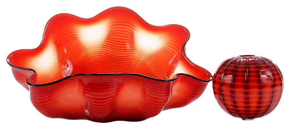 Untitled by Dale Chihuly, glass in deep translucent red with black stripes and ebony lip wrap, sold Sep 2016