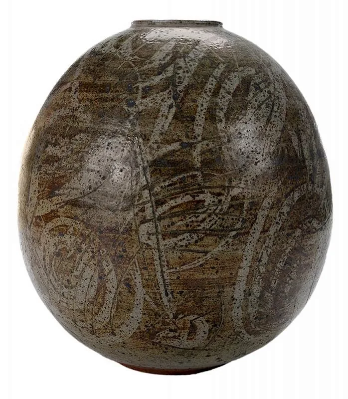 Untitled by Peter Voulkos, stoneware wheel-thrown vase of bold globular form with contrasting abstract spirals and incised drawings, sold Jan 2016