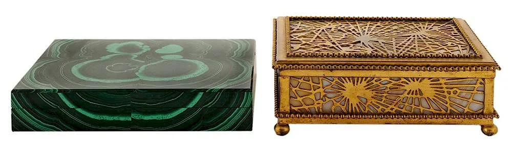 Bronze Footed Box by Tiffany Studios, early 20th century: Pine Needle pattern rectangular gilt bronze and slag glass box, sold Sep 2015