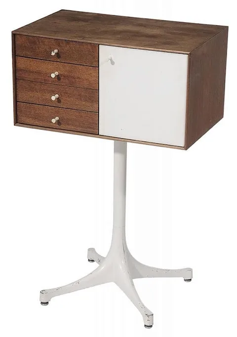 George Nelson, for Herman Miller, circa 1950s, Enameled Metal and Walnut Side Table top drawer with metal tag "Designed by George Nelson Herman Miller