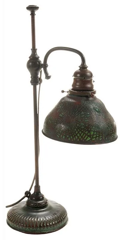 Tiffany Studios, Pine Needle Adjustable, domed green glass shade within bronze pine needle frame