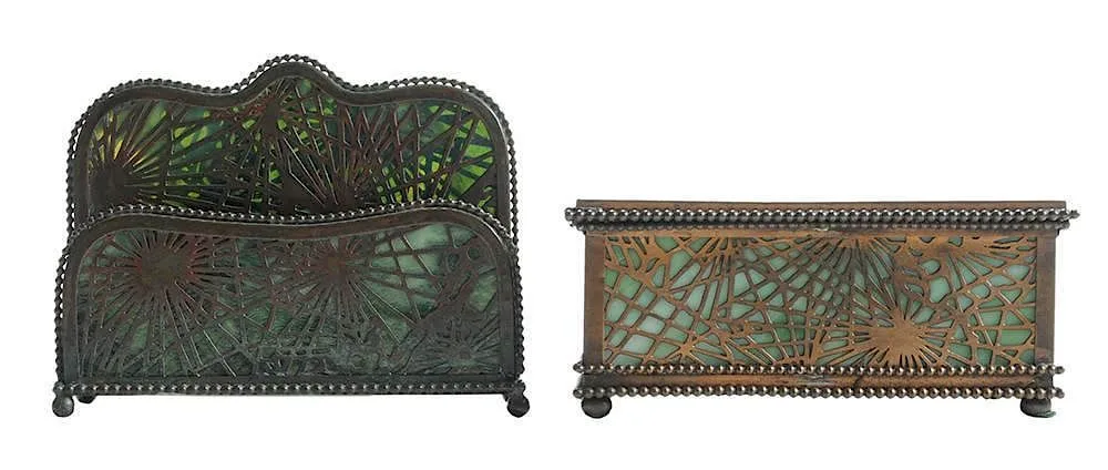 Pine Needle Box and by Tiffany Studios, pierced metal with green patina and green slag glass inserts, sold Mar 2015