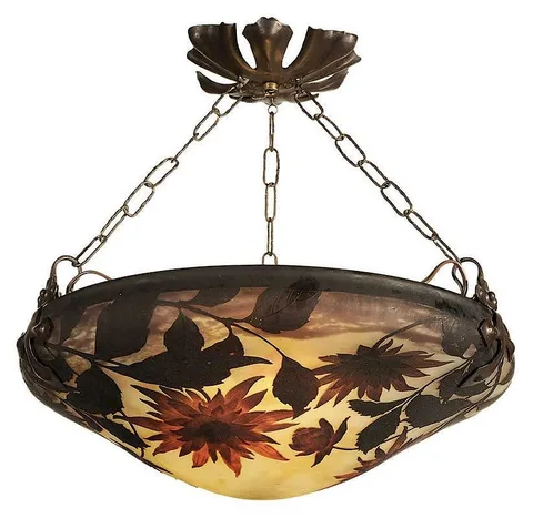 Daum, Cameo Glass Domed Shade, red-orange dahlias and dark red-brown foliage on a ground of cream-colored glass with pale blue