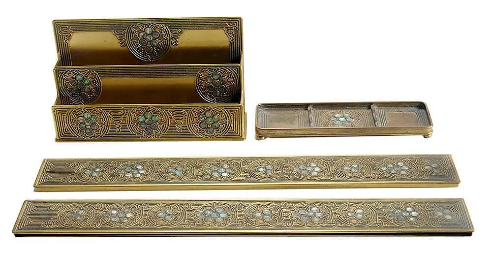 Partial Desk Set by Tiffany Studios, abalone and gilt bronze, sold Mar 2015