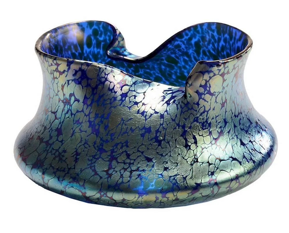 Loetz, Glass Bowl-Vase with Pinched Rim, greenish-blue iridescent oil-spot decoration over blue glass