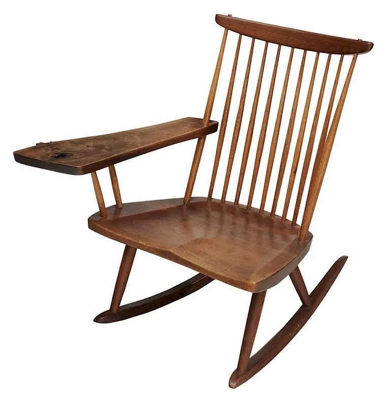 Walnut Free-Edge by George Nakashima, 1960, figured walnut writing arm with free edge and knot hole, sold Nov 2014