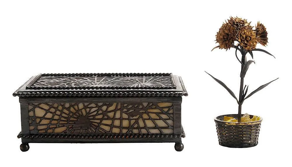 Bronze Pine Needle by Tiffany Studios, Gilt Silver Basket box with caramel-colored slag glass, offered May 2014