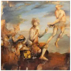 Agustín Castro López, Las tres figuras con las tres frutas sobre la natura, Óleo y acrílico sobre lino