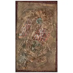 Myra Landau, Ritmo nostálgico, Acrílico y collage de textiles y papel sobre papel amate y yute sobre masonite
