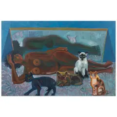 Antonio Ramirez, Mujer con gatos, Óleo sobre tela